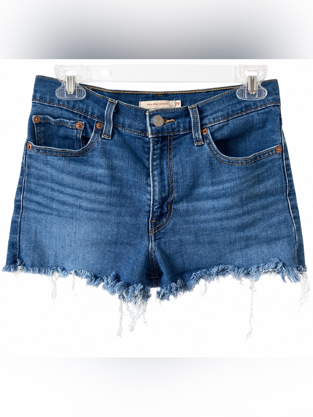 Levi’s High Rise Frayed Hem Denim Shorts Medium Wash Stretch Size 29